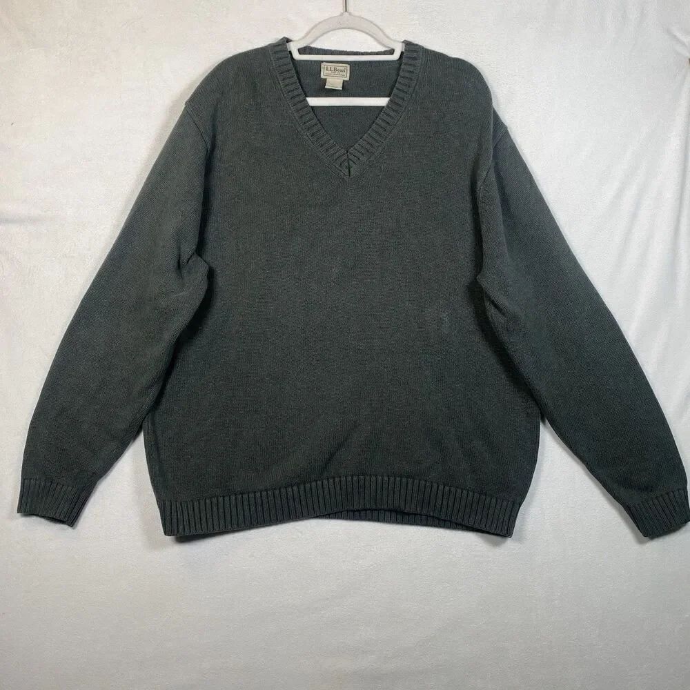 LL Bean Men XL Green V Neck 100% Cotton Knit Sweater Casual Pullover